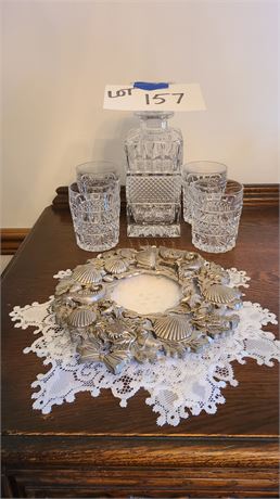 Decanter & Glass Lot with Shell-Nautical Candle Ring