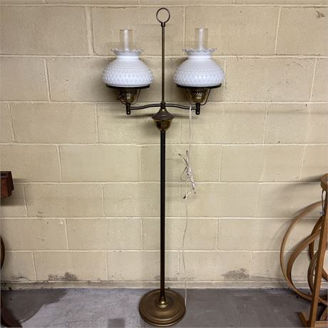 Vintage Double Arm Brass Floor Lamp with Milk Glass Shades