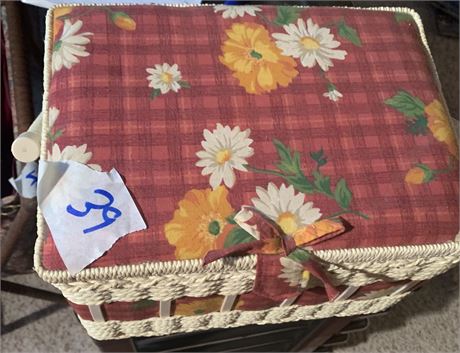 Vintage Wicker Sewing Basket With Floral Design