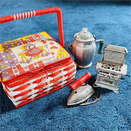 Vintage Children's Toys and Cute Sewing Kit