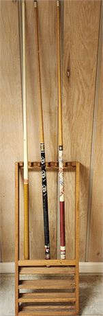 Vintage Pool Cues (Winston, Bud lite Ice & Budweiser) & Cue Rack