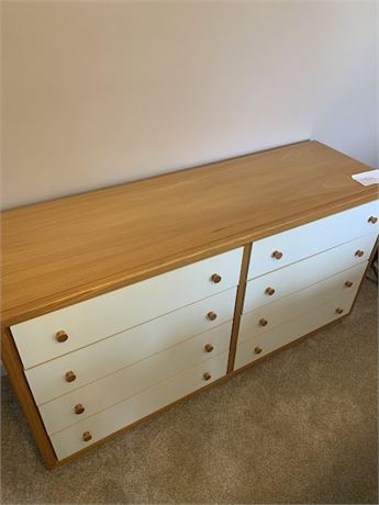 8 Drawer Danish Dresser Light Oak With White Drawers & Round Wood Knobs - MCM