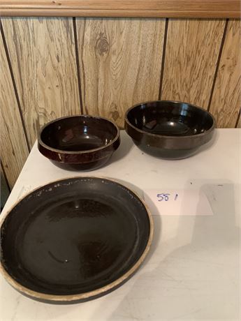 Antique Primitive Earthenware Pottery 2 Bowls & 1 Plate