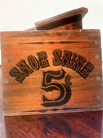 1970s Wooden Shoeshine Box W/5 Cent Shoe Shine Graphic