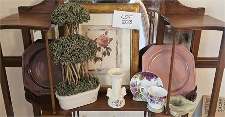 Mixed Home Decor-Floral Art Print, Faux Topiary, Alabaster Ashtray & More