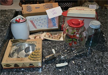 Vintage Mixed Kitchenware:Cherry Pitcher/Knife Holder/Popcorn Bags/Cake Carrier