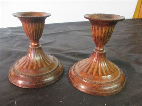 2 Vintage Faux Burled Wood 3 1/4" Fancy Candle Sticks