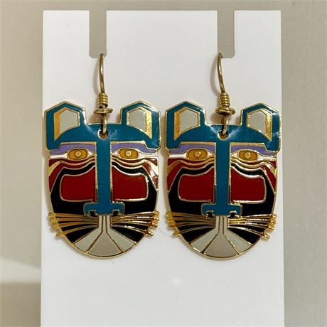 Vintage Laurel Burch "MIIKIO" Cloisonne Tiger Cat Dangle Earrings SIGNED