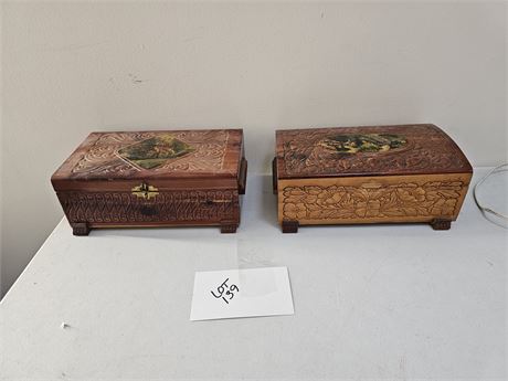 Vintage Carved Wood Footed Glove Box w/Cottage Scene & Flatback Wood Glove Box