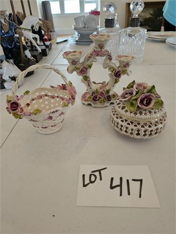 Handmade Lavender Applied Rose Lattice Basket & Trinket Box + Candle Holder