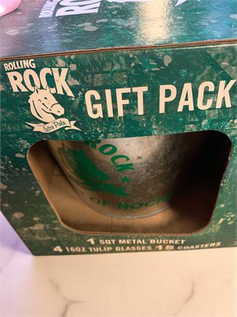 Rolling Rock 20 Piece Gift Pack - Ice Bucket, 15 Coasters, 4 Tulip Beer Glasses