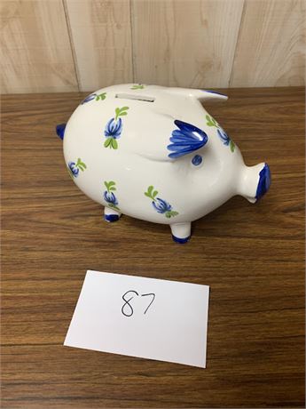 Vintage White Ceramic Piggy Bank With Long Snout With Blue & Green Floral Design