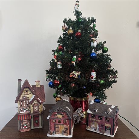 Lighted Christmas Tree and Village Buildings