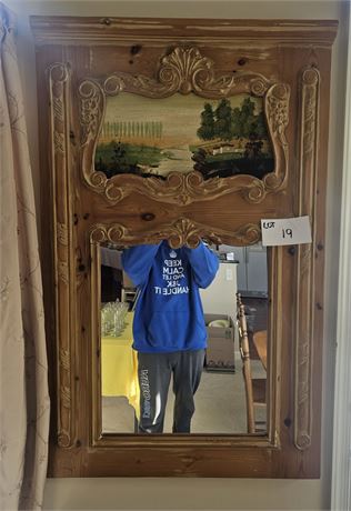 French Style Trumeau Mirror Featuring A Carved Wooden Frame With Painted Landsca