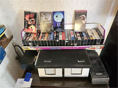 Mixed VHS Movie Lot with Storage & Rewinder