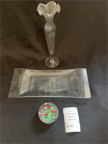 Glass Lot - Paperweight, Tray, Vase