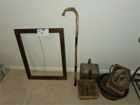 Mixed Decor:Wicker Baskets/Knob Wood Cane & Wood Picture Frame