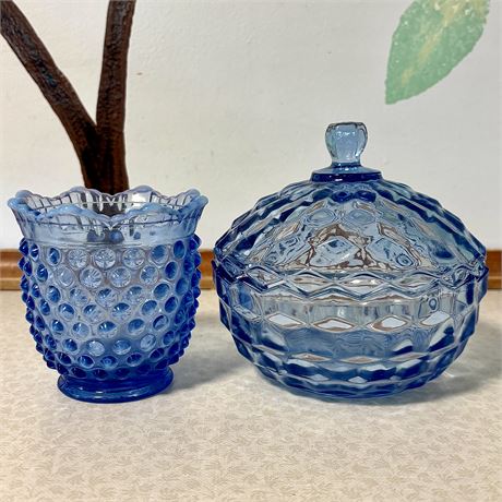 Cornflower Blue Covered Art Glass Candy Dish and Small Fenton Bud Vase