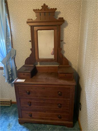 Antique Victorian Walnut Eastlake Style Ornately Carved Dresser With Mirror