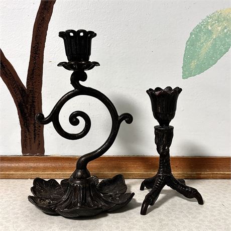 Old Cast Iron Claw Foot and Floral Candlestick Holders