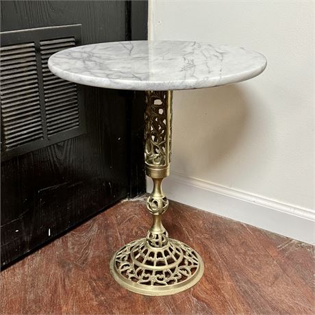 Hollywood Regency Brass and Marble Side Table - 15 x 17.5”