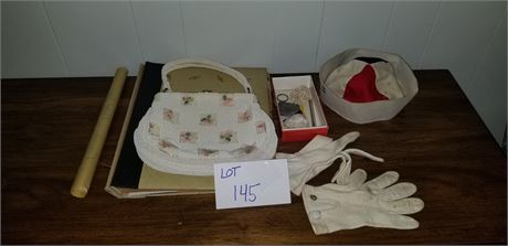 Mixed Vintage Lot- Gloves, Beanie, Beaded Purse & More