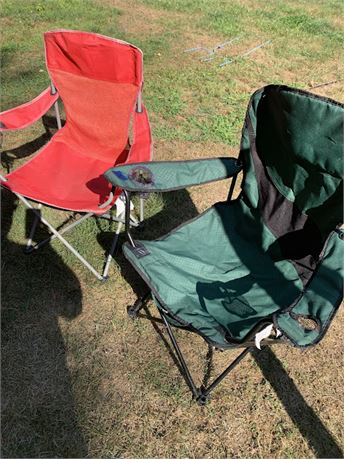 Pair Of Fold Up Canvas Sports Camping Chairs One Red One Green