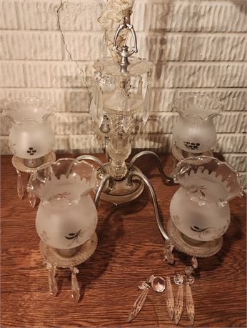 Art Deco 5 Light Glass Petite Chandelier w/Crystals