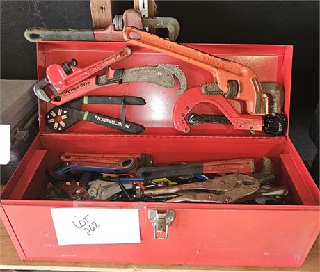 Ardnor Metal Tool Box With Different Size Pipe Wrenches & Mixed Tools