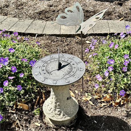 Brass Zodiac Sundial w/ Concrete Pillar and Butterfly Garden Stake