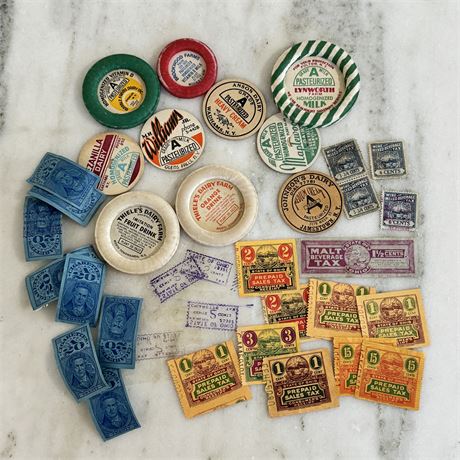 Old Collectibles Lot w/ Milk Caps, Tax & Cigarette Stamps