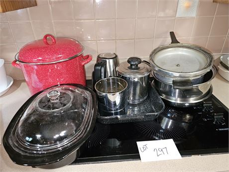 Mixed Pots & Pans Lot:Pressure Cooker/Enamel Roaster/Red Enamel Pot/Sifter&More