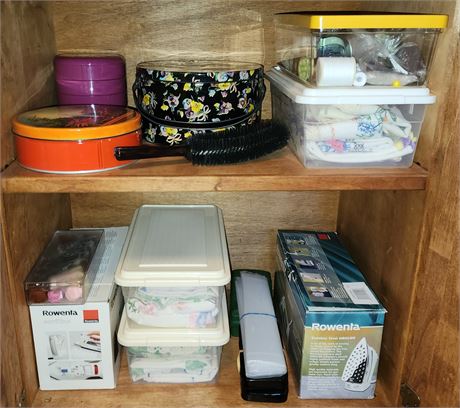 Cabinet Contents: Sewing Supplies, Iron, Etc