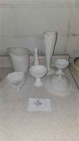 White Milk Glass Anchoring Hocking Butler, Westmoreland Candle Holders & More