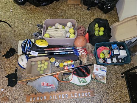 Mixed Sports Lot: Softballs/Baseballs/Helmets/Tennis Rackets & More