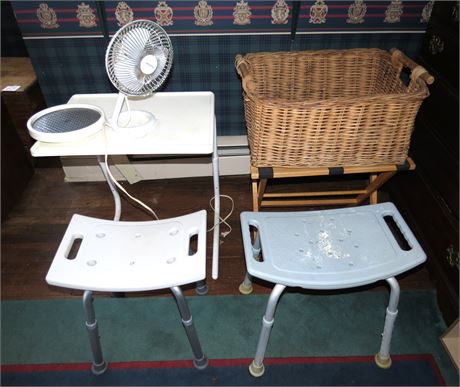 Mixed Lot: Stools, Tray, basket, Luggage Stand