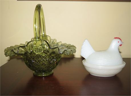 Green Glass Basket, Hen on Nest Dish