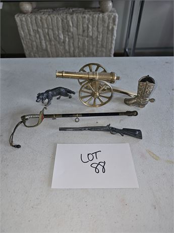 Brass Table Decor Canon, Letter Opener, Cast Metal Retriever Dog & More