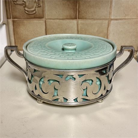 Weller Pottery Covered PIERRE Basket Weave Casserole and Holder