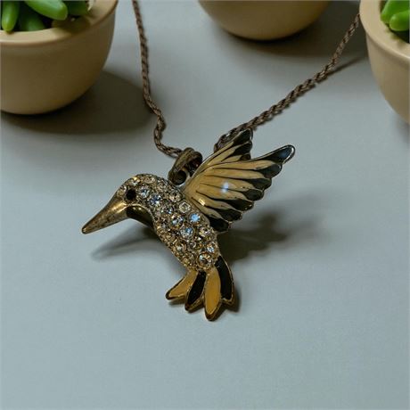 Betsey Johnson Hummingbird Pendant Necklace W/Crystal Rhinestones