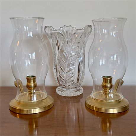 Decorative Bundle - 9"T Lead Crystal Vase and Brass and Glass Candle Holders