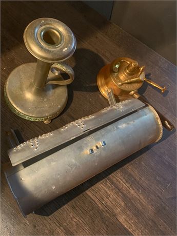 El Soufany, Brass Oil Burner/Camping Stove, Primitive Punched Tin Candle Box