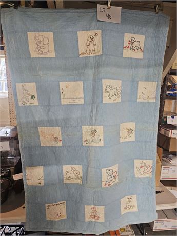 Vintage Baby Quilt With Patchwork Design & Embroidered Animals