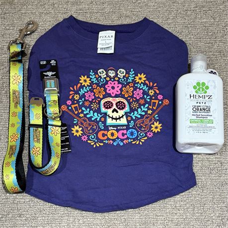 New Buckle-Down Scooby Doo Dog Collar & Leash, Shirt, Hempz Shampoo - Size Large