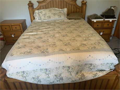 Full Size Oak Bed Frame, Organic Cotton Mattress, Box Springs, Sheets, Comforter