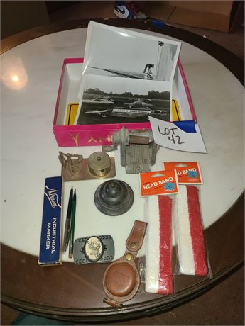 Vintage Guy Lot:General Tire Pencil/Deer Buckle/Stamp Holder/Drag Strip Photos