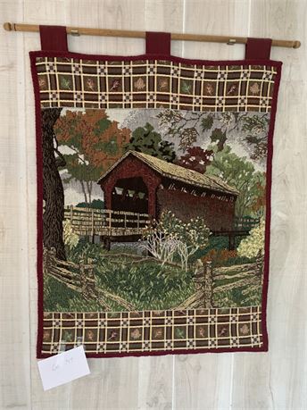 Needle Art Wall Nature Country Tapestry On Wood Rod Of Covered Bridge