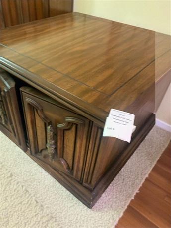 MCM Wood Side/End Table With Cupboard Storage & Intricate Metal Handles