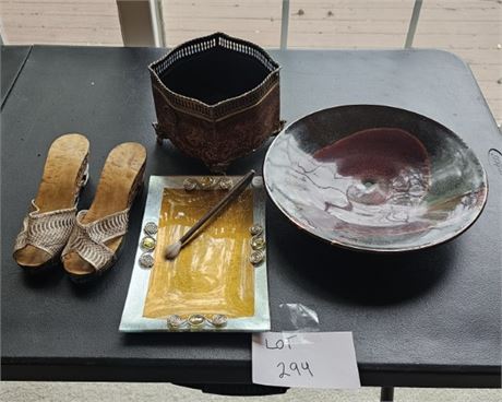 Mixed Decor Lot : Signed Oxblood Pottery Bowl / Decorative Tray & More