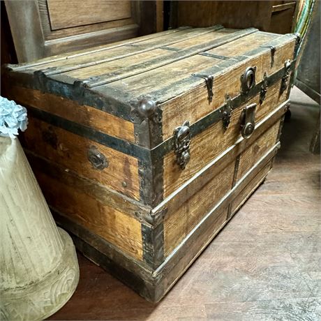 Antique Steamer Flat Top Trunk - 32.5 x 19 x 23"T